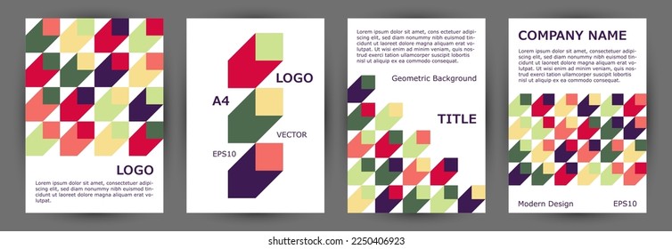 Office brand book front page mokup collection A4 design. Swiss style creative pamphlet template collection vector. Tile geometric shapes pattern A4 cover design