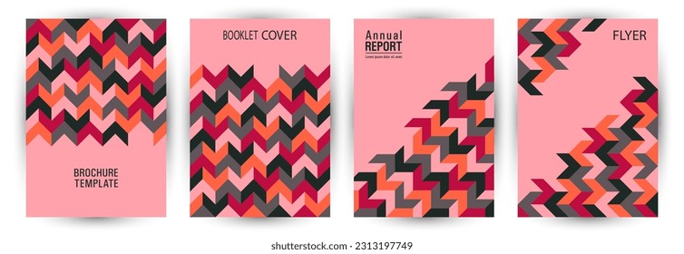 Office brand book front page mokup set graphic design. Swiss style isometric poster layout set Eps10. Tile geometric shapes composition vertical card design