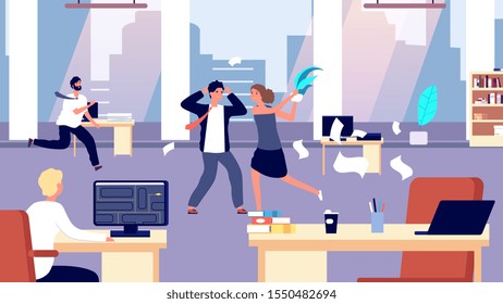 Office brawl. Chaos in workplace. Negative employees in office. Bad organization control, business corporate vector illustration