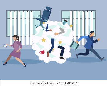 Office brawl, scandal, employees flee from the place of negativity. In minimalist style. Cartoon flat vector Illustration