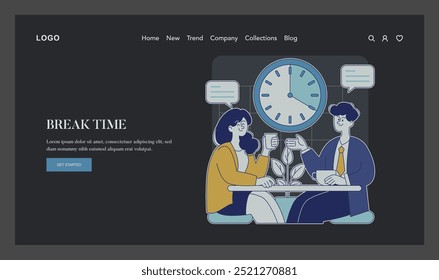 Office break concept. Colleagues enjoying a coffee break, engaging in casual conversation with clock indicating time. Vector illustration.