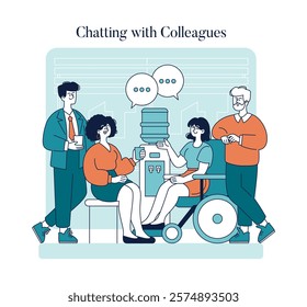 Office break concept. A group of diverse employees enjoying a casual conversation by the water cooler. Interpersonal relationships in the workplace. Vector illustration.