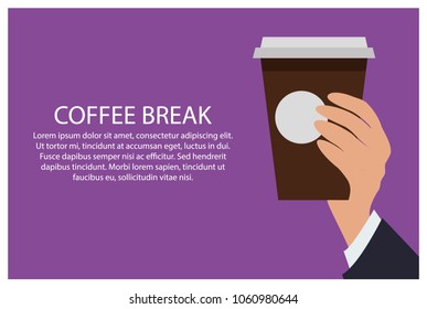 Office break hand with fingers and cup, sample text and lettering, frame and poster with image, coffee and tea, vector illustration isolated on purple