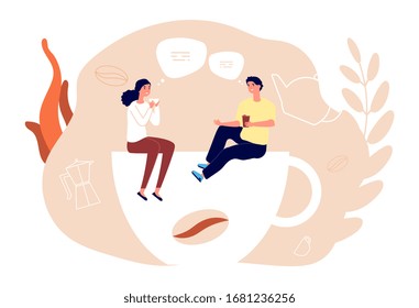 Office break. Managers lunch, woman man drinking tea and coffee. Dating in cafe, couple conversation with drinks vector illustration