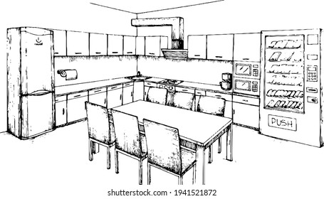 Office Break Room Concept  Sketch Monochromatic Freehand Illustration Of An Empty Kitchen On White Background. Vending Machine, Fridge, Table And Chairs    