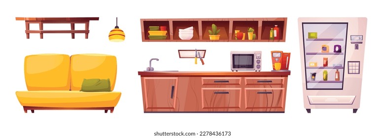 Salón de oficina para almuerzo y descanso de trabajo. Mobiliario de cocina, cafetera y máquina expendedora, sofá, mesa, armarios y microondas aislados de fondo blanco, vectores de dibujos animados