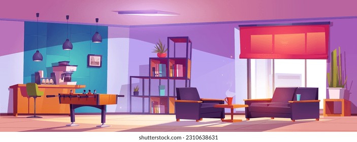 Office breakout room cartoon vector design. Lounge break zone creative interior for young community in coworking background. Modern clinic relax and recreation space with armchair, football and sofa.