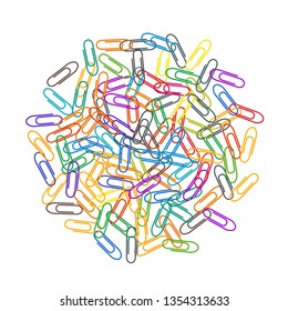 Office bright paper clips isolated on white vector background. Rainbow colors paperclips memo note and documents staple attach tools illustration. Plastic paperclips pile.