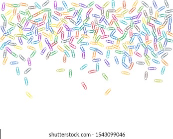 Office bright paper clips isolated on white vector background. Red, blue, green, yellow paperclips memo note and documents staple attach tools illustration. Plastic paperclips pile.