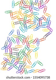 Office bright paper clips isolated on white vector background. Red, blue, green, yellow paperclips memo note and documents staple attach tools illustration. Plastic paperclips backdrop.