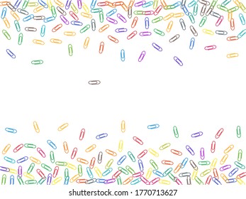 Office bright paper clips isolated on white vector background. Red, blue, green, yellow paperclips memo note and documents staple attach tools illustration. Simple plastic paperclips.