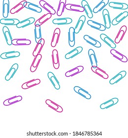 Office bright paper clips isolated on white vector background. Pink, blue, violet paperclips memo note and documents staple attach tools illustration. Plastic paperclips pile.