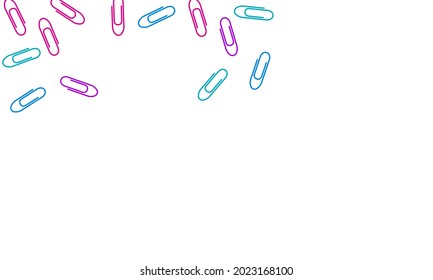 Office bright paper clips isolated on white vector background. Pink, cyan blue, purple paperclips memo note and documents staple attach tools illustration. Plastic paperclips backdrop.