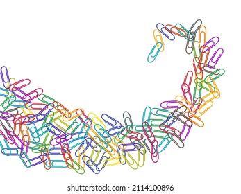 Office bright paper clips isolated on white vector background. Rainbow colors paperclips memo note and documents staple attach tools illustration. Plastic paperclips pile.