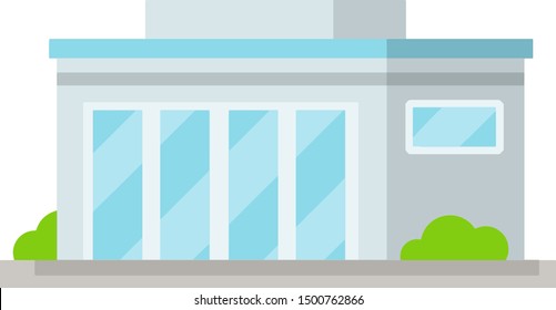 Office building with big Windows. Blue Facade of house. Element of urban landscape. Hospital and shopping Mall. Cartoon cityscape flat illustration