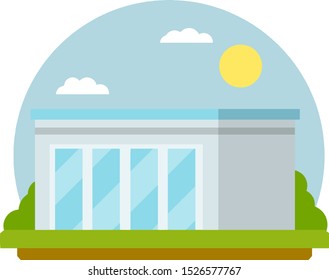 Office building with big Windows. Blue Facade of house. Element of urban landscape. Hospital and shopping Mall. Cartoon cityscape flat illustration. Summer season, sky and cloud