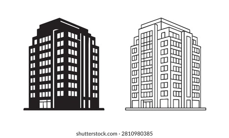 office building black silhouette with line art vector icon concept design