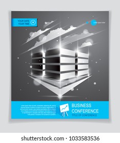 Office building brochure, modern architecture vector flyer with blurred lights and glares effect. Real estate business center blue design. 3D futuristic facade business conference print template.