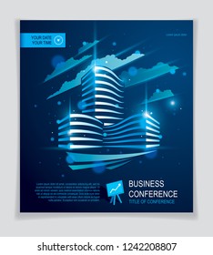 Office building brochure, modern architecture vector flyer with blurred lights and glares effect. Real estate business center blue design. 3D futuristic facade business conference print template.