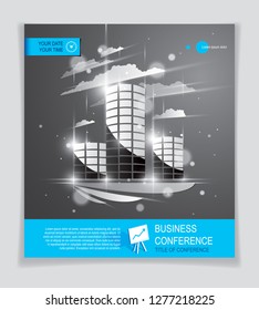 Office building brochure, modern architecture vector flyer with blurred lights and glares effect. Real estate business center grey design. 3D futuristic facade business conference print template.