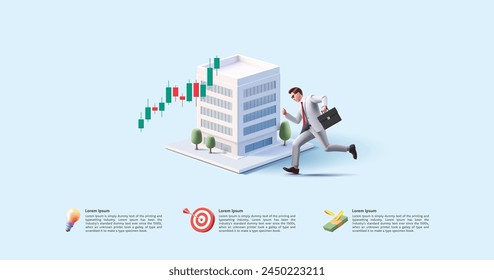 Edificio de oficinas, hombre de negocios corriendo con maletín y gráfico de ganancias, 3D. La idea de inversión oportuna, creación de empresas, ingresos, ganancias, aumento de capital. Infografías. Ilustración vectorial.