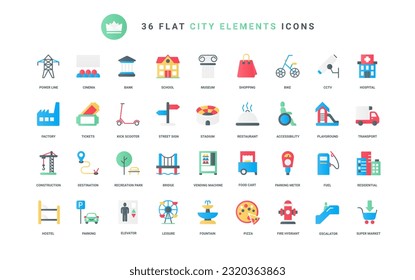 Office building and condo skyscrapers, stadium and restaurant, street signs and parking for transport, playground food court. City elements trendy flat icons set vector illustration