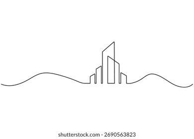 Edifício de escritório, desenho contínuo de uma linha, contorno minimalista, ilustração de arquitetura moderna