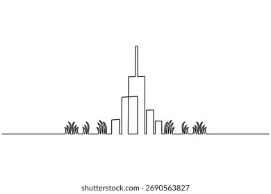 Edificio de oficinas, dibujo continuo de una línea, contorno minimalista, ilustración de arquitectura moderna
