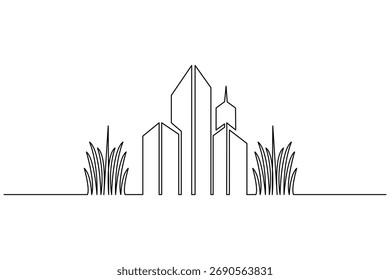 Office building, continuous one-line drawing, minimalist outline, modern architecture illustration
