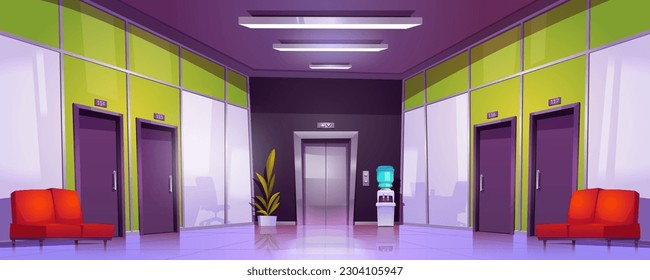 Office building corridor interior with rooms doors and elevator. Empty office hallway with furniture for wait, couch, water cooler, plant and lift doors, vector cartoon illustration