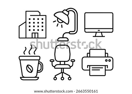Office Building, Desk Lamp, Computer Monitor, Coffee Cup, Office Chair, and Printer Line Icons