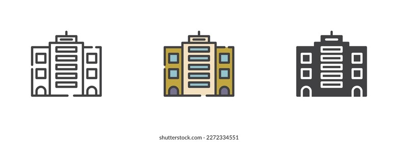 Office building different style icon set. Line, glyph and filled outline colorful version, outline and filled vector sign. Symbol, logo illustration. Vector graphics