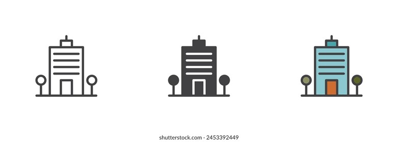 Office building different style icon set. Line, glyph and filled outline colorful version, outline and filled vector sign. Business center tower symbol, logo illustration. Vector graphics
