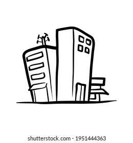 Office building doodle, a hand drawn vector doodle illustration of business district and commercial area buildings, isolated on white.