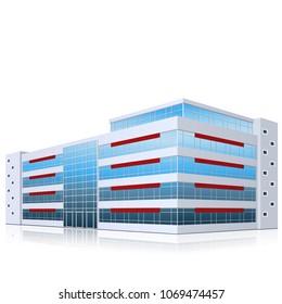 office building with entrance and reflection on white background
