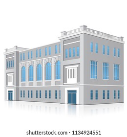 office building with entrance and reflection on white background