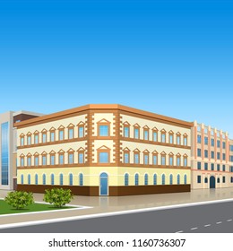 office building with the entrance and a reflection on the background of the street