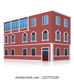 office building with entrance and reflection on white background