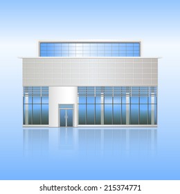 office building and the entrance with reflection on a blue background