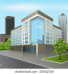 office building with the entrance and a reflection on the background of the street