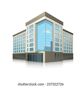 office building with entrance and reflection on white background