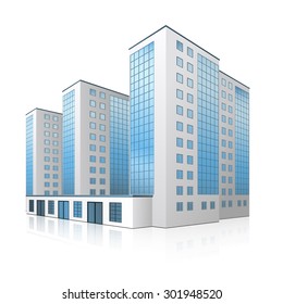 office building with entrance and reflection on white background
