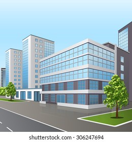office building with the entrance and a reflection on the background of the street