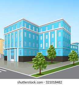 office building with the entrance and a reflection on the background of the street