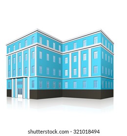 office building with entrance and reflection on white background