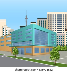 office building with the entrance and a reflection on the background of the street