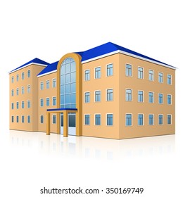 office building with entrance and reflection on white background