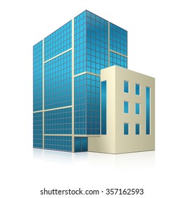 office building with entrance and reflection on white background