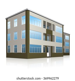 office building with entrance and reflection on white background