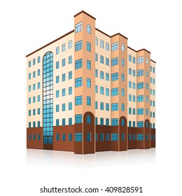 office building with entrance and reflection on white background